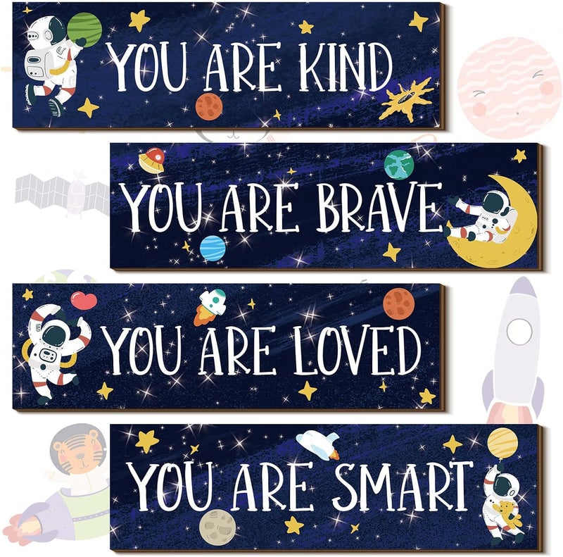 Yookeer 4 Pcs Space Room Decor for Kids Boys Outer Space Wall Art Bedroom Decor for Nursery Classroom Astronaut Galaxy Posters Spaceman Wood Sign Be Brave and Be Kind for Baby Boy(You) - Image 1